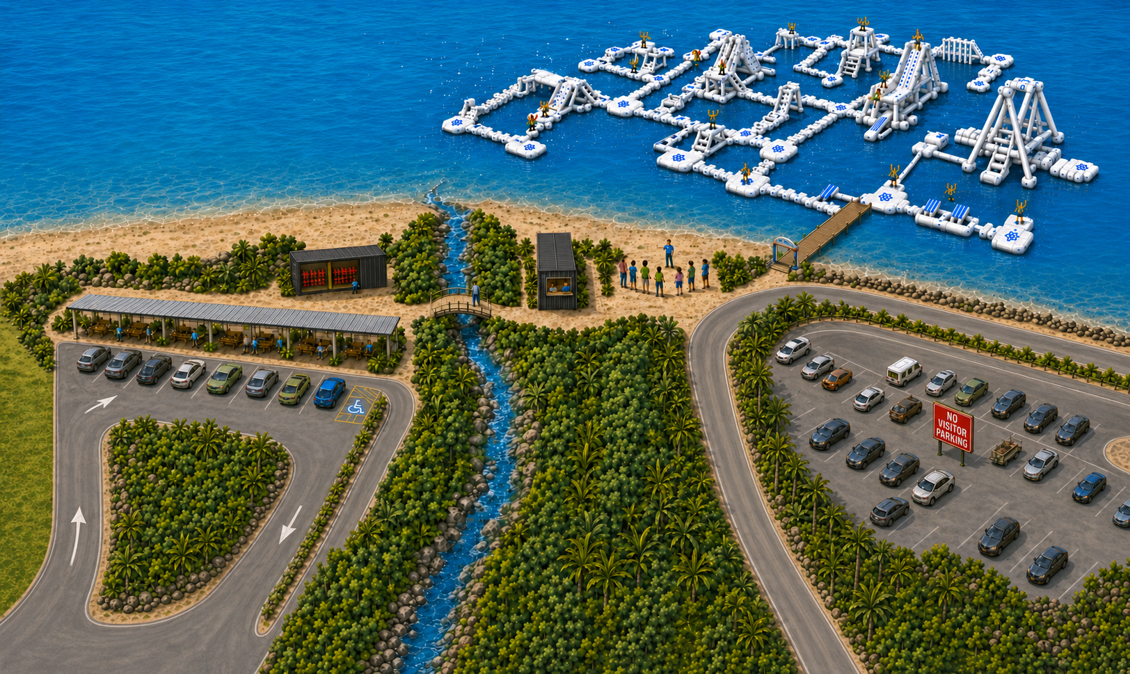 Aqua Warrior visitor arrival map showing separate entry and exit roads, the rectangular customer car park, covered seating, dark grey service containers, silver shelter roof, ticket office, safety briefing area, park entrance and the no visitor parking area