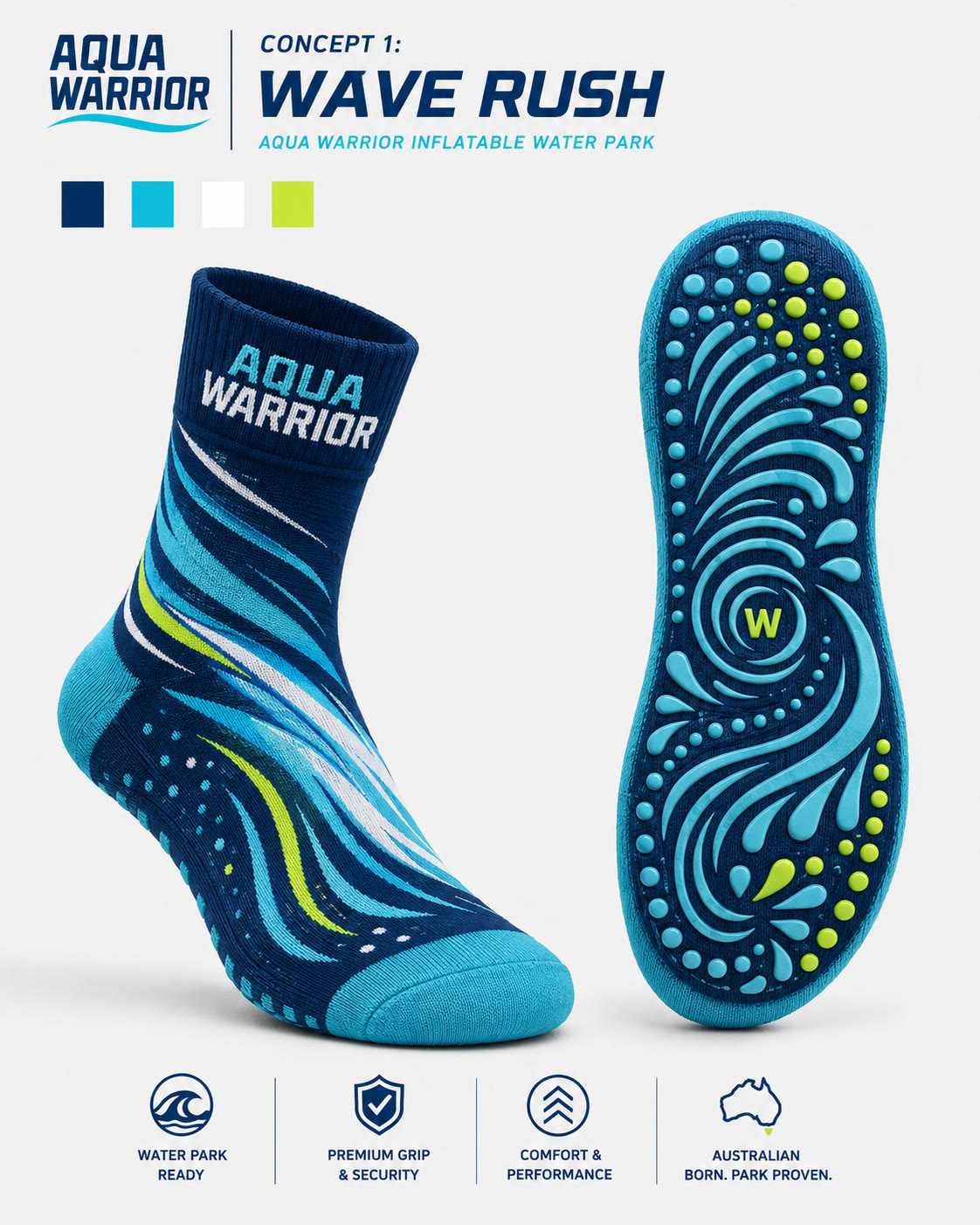 Aqua Warrior Wave Rush grip sock and patterned non-slip sole